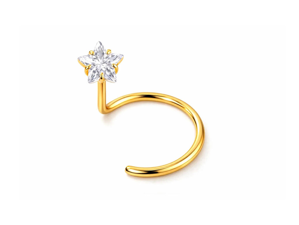 18K Gold Curve Nose Ring with Star Set Crystal, Nose Hook Piercing, Nose Jewelry made of Solid Gold