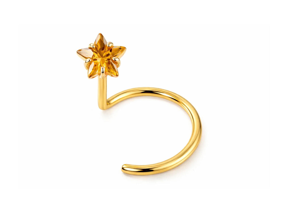 18K Gold Curve Nose Ring with Star Set Crystal, Nose Hook Piercing, Nose Jewelry made of Solid Gold