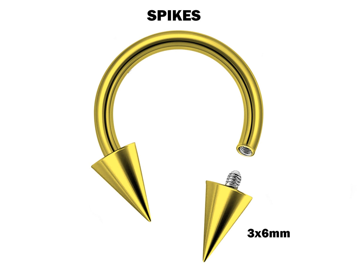 Gold Titanium Spike Horseshoe Barbell: Internally Threaded Septum Ring 16G 14G