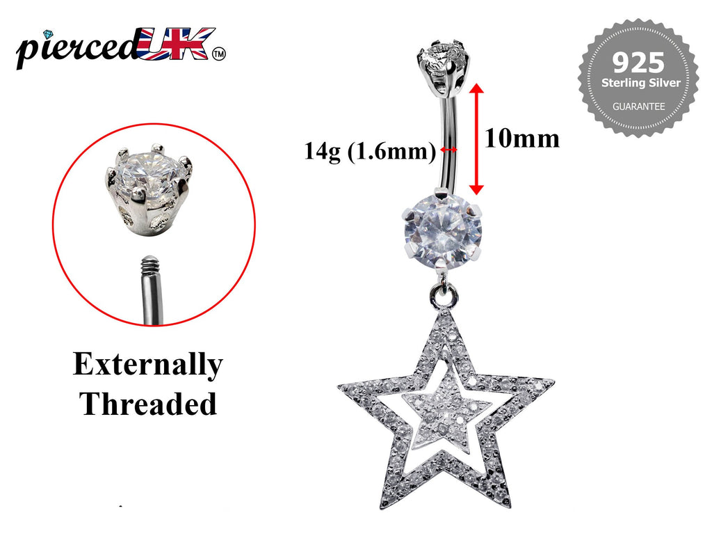 CZ Crystal Star Belly Button Ring: 925 Silver Navel Piercing (14g)