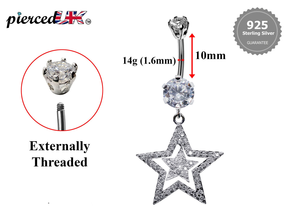 CZ Crystal Star Belly Button Ring: 925 Silver Navel Piercing (14g)
