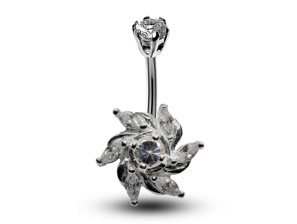 Silver Windmill Belly Button Ring: CZ Crystal Navel Piercing (16g)