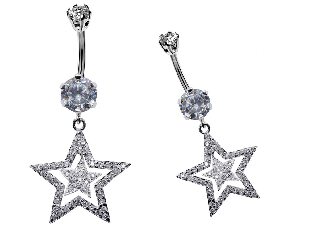 CZ Crystal Star Belly Button Ring: 925 Silver Navel Piercing (14g)