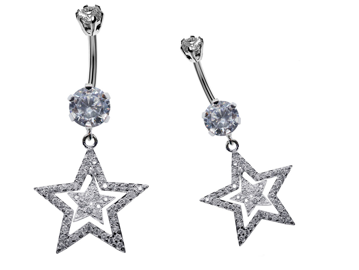 CZ Crystal Star Belly Button Ring: 925 Silver Navel Piercing (14g)