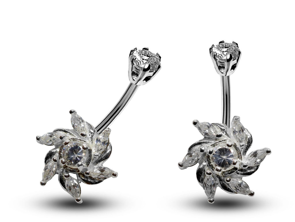 Silver Windmill Belly Button Ring: CZ Crystal Navel Piercing (16g)