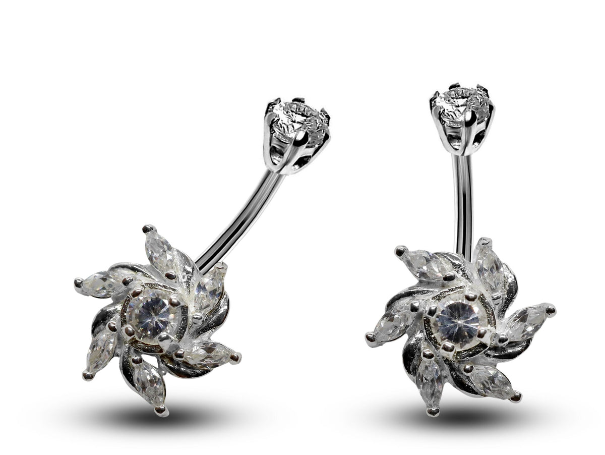 Silver Windmill Belly Button Ring: CZ Crystal Navel Piercing (16g)