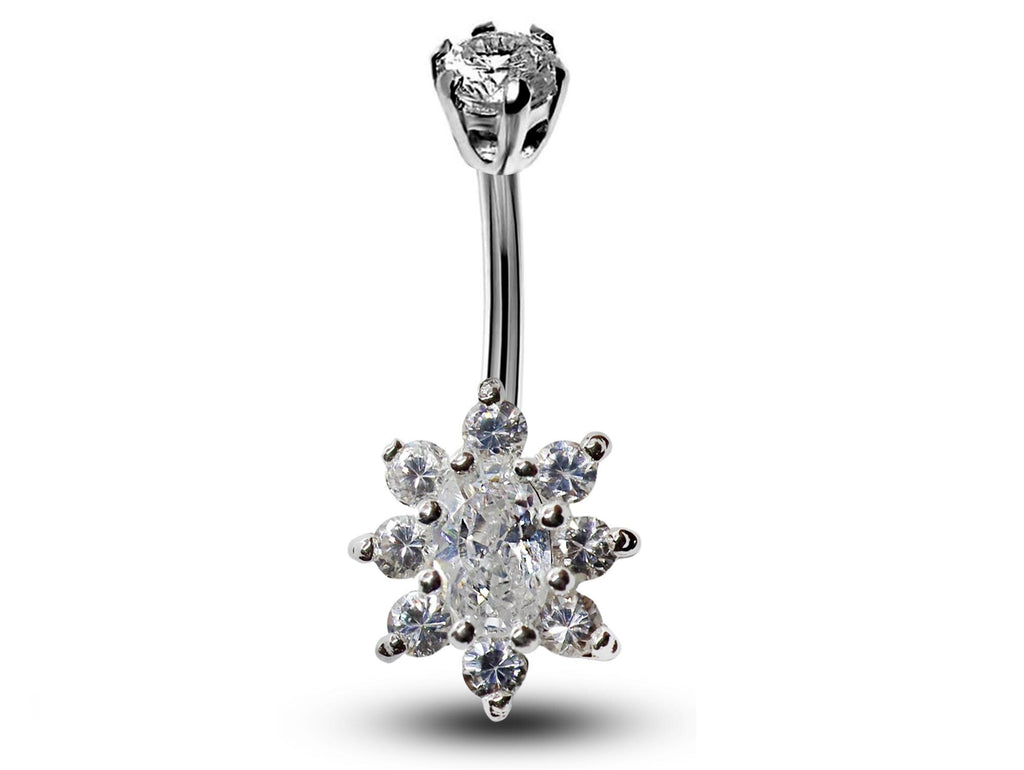 Silver Flower Belly Ring: CZ Crystal Navel Bar (14g)