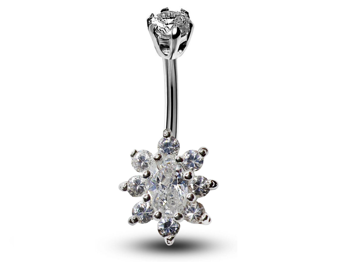 Silver Flower Belly Ring: CZ Crystal Navel Bar (14g)