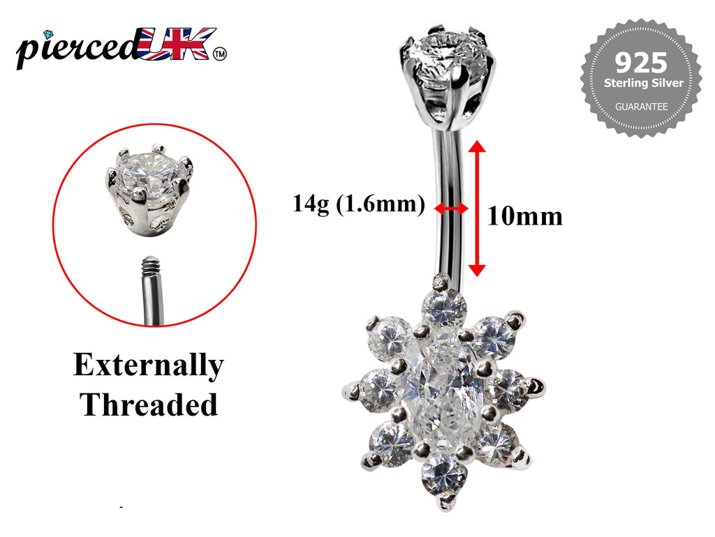 Silver Flower Belly Ring: CZ Crystal Navel Bar (14g)