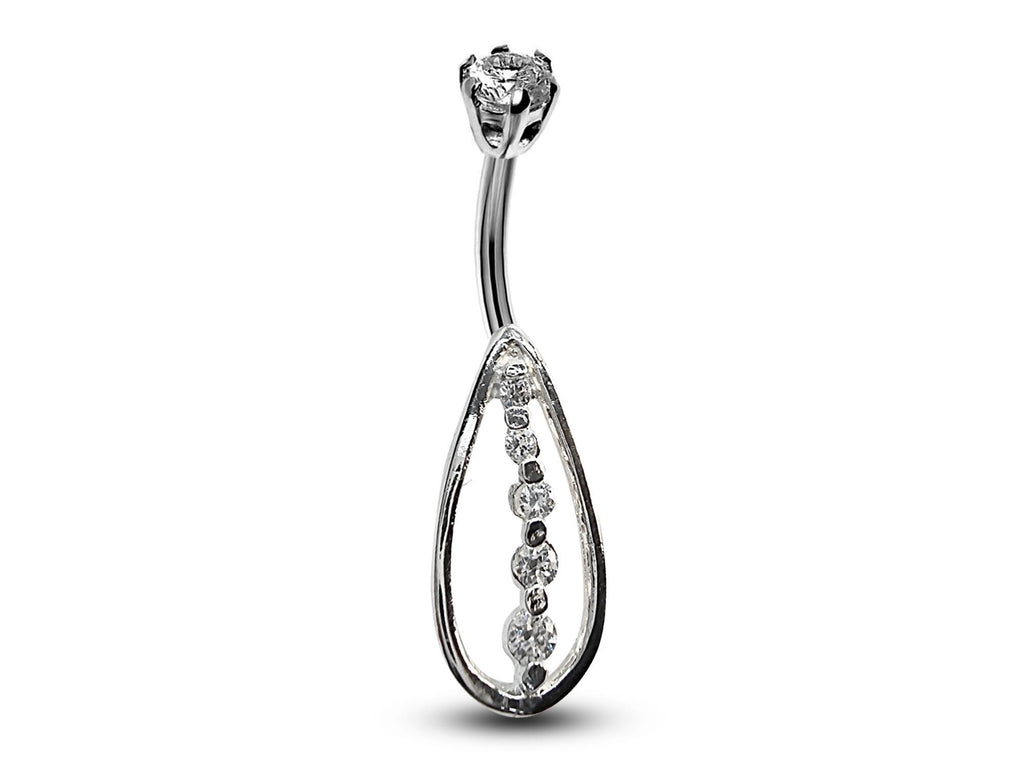 Teardrop CZ Crystal Belly Ring: 925 Silver Navel Bar 16g