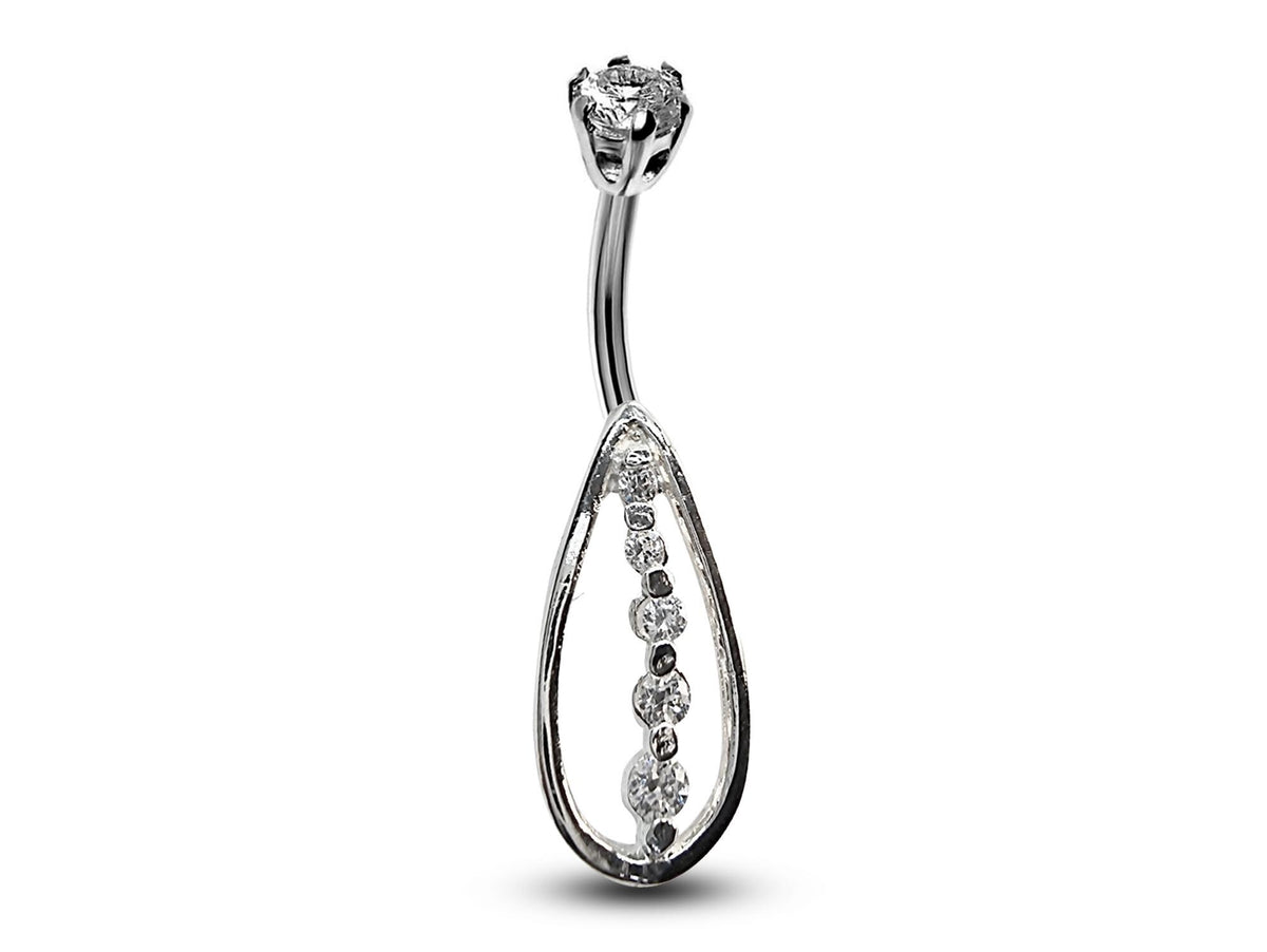Teardrop CZ Crystal Belly Ring: 925 Silver Navel Bar 16g