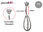 Teardrop CZ Crystal Belly Ring: 925 Silver Navel Bar 16g