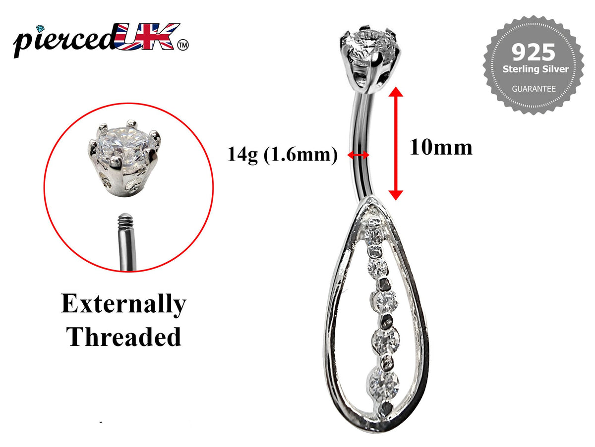 Teardrop CZ Crystal Belly Ring: 925 Silver Navel Bar 16g