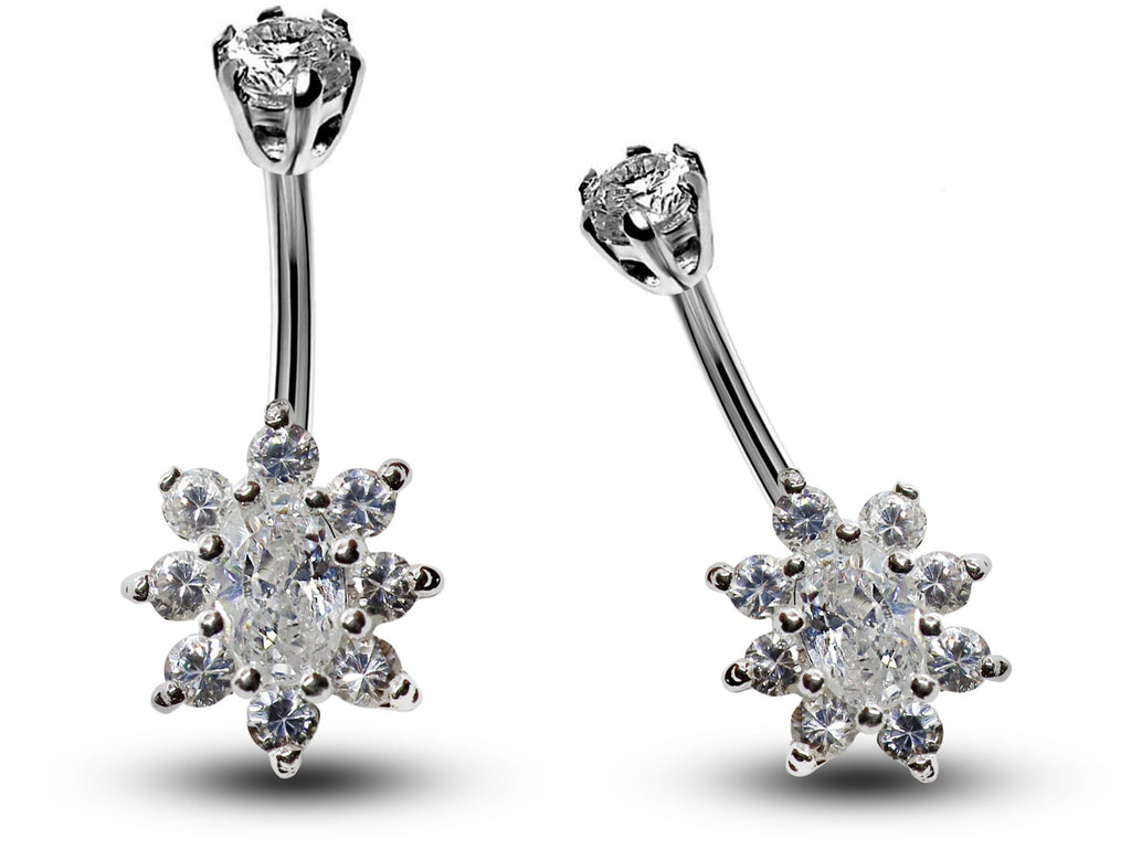 Silver Flower Belly Ring: CZ Crystal Navel Bar (14g)