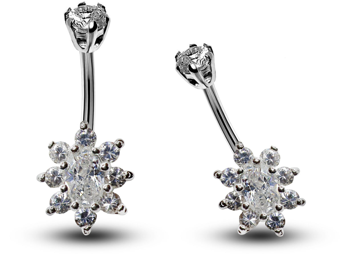 Silver Flower Belly Ring: CZ Crystal Navel Bar (14g)