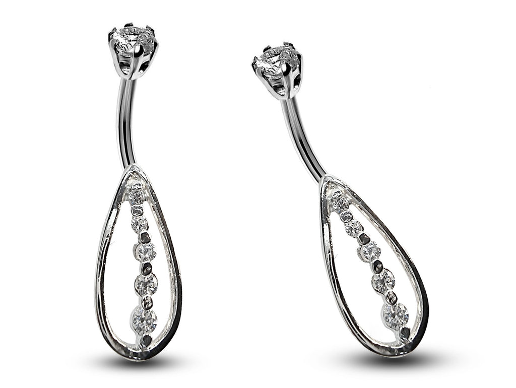 Teardrop CZ Crystal Belly Ring: 925 Silver Navel Bar 16g