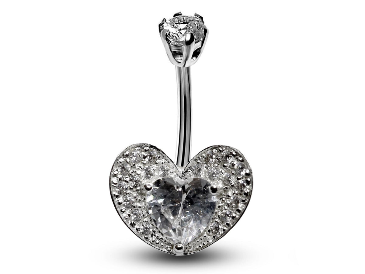 Heart CZ Crystal Belly Ring: 925 Silver Navel Bar 16g
