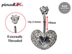 Heart CZ Crystal Belly Ring: 925 Silver Navel Bar 16g