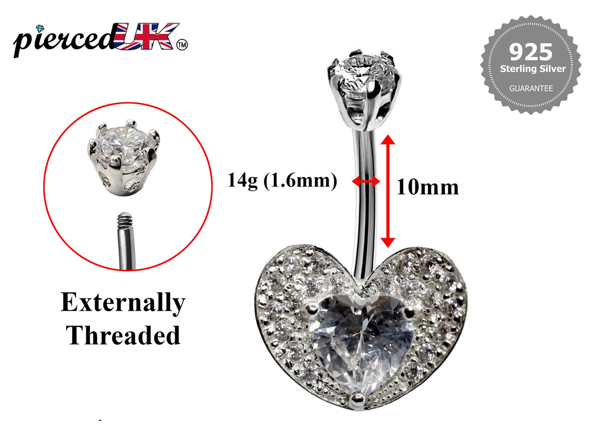 Heart CZ Crystal Belly Ring: 925 Silver Navel Bar 16g