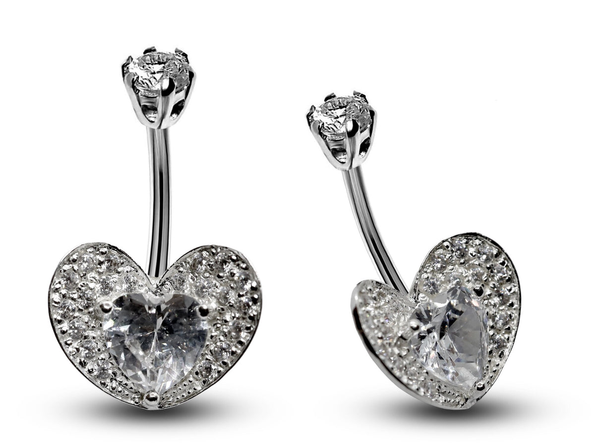Heart CZ Crystal Belly Ring: 925 Silver Navel Bar 16g
