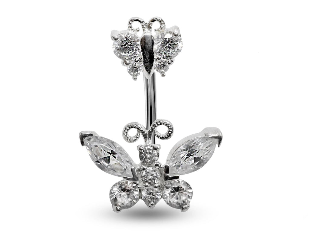 Butterfly Belly Button Ring: 925 Silver Navel Piercing, CZ Crystals (16g/8mm)