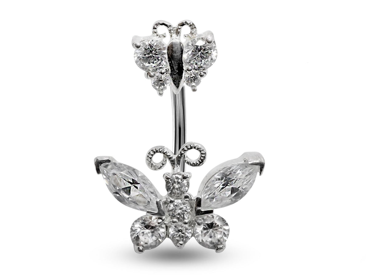 Butterfly Belly Button Ring: 925 Silver Navel Piercing, CZ Crystals (16g/8mm)