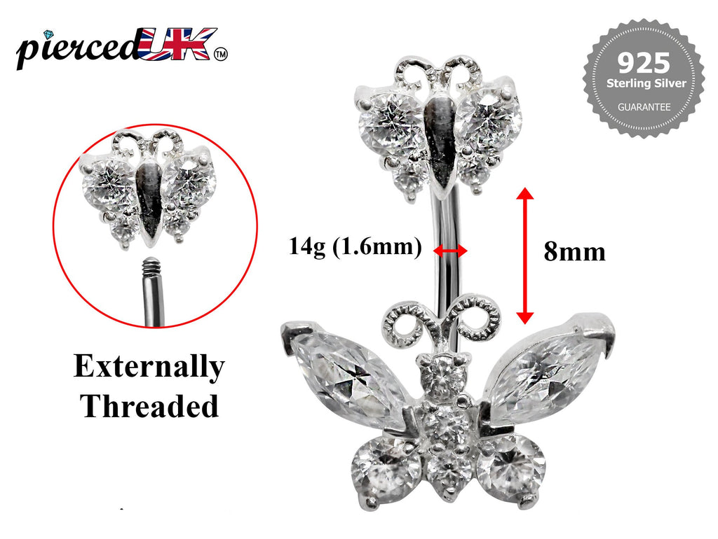 Butterfly Belly Button Ring: 925 Silver Navel Piercing, CZ Crystals (16g/8mm)