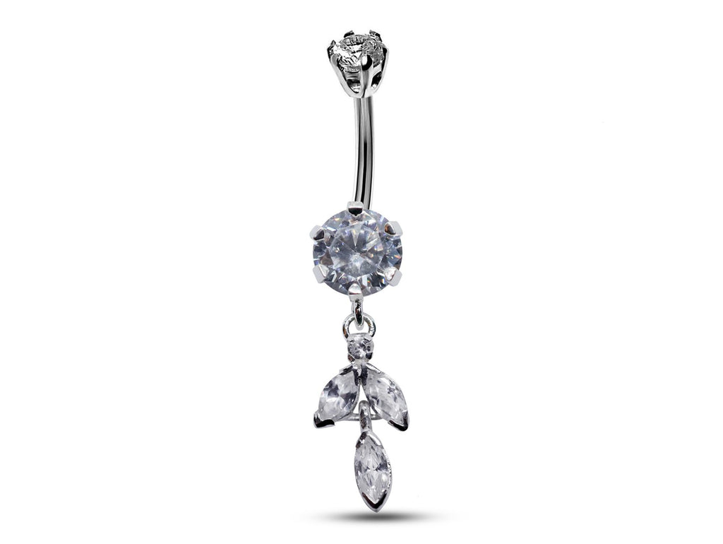 Silver Dangle Belly Button Ring: CZ Crystal Navel Bar 14g