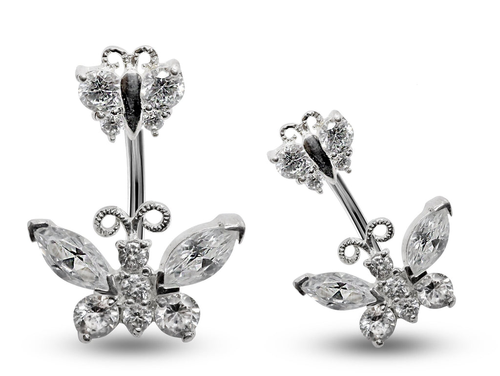 Butterfly Belly Button Ring: 925 Silver Navel Piercing, CZ Crystals (16g/8mm)