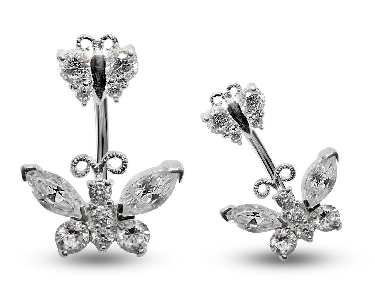 Butterfly Belly Button Ring: 925 Silver Navel Piercing, CZ Crystals (16g/8mm)