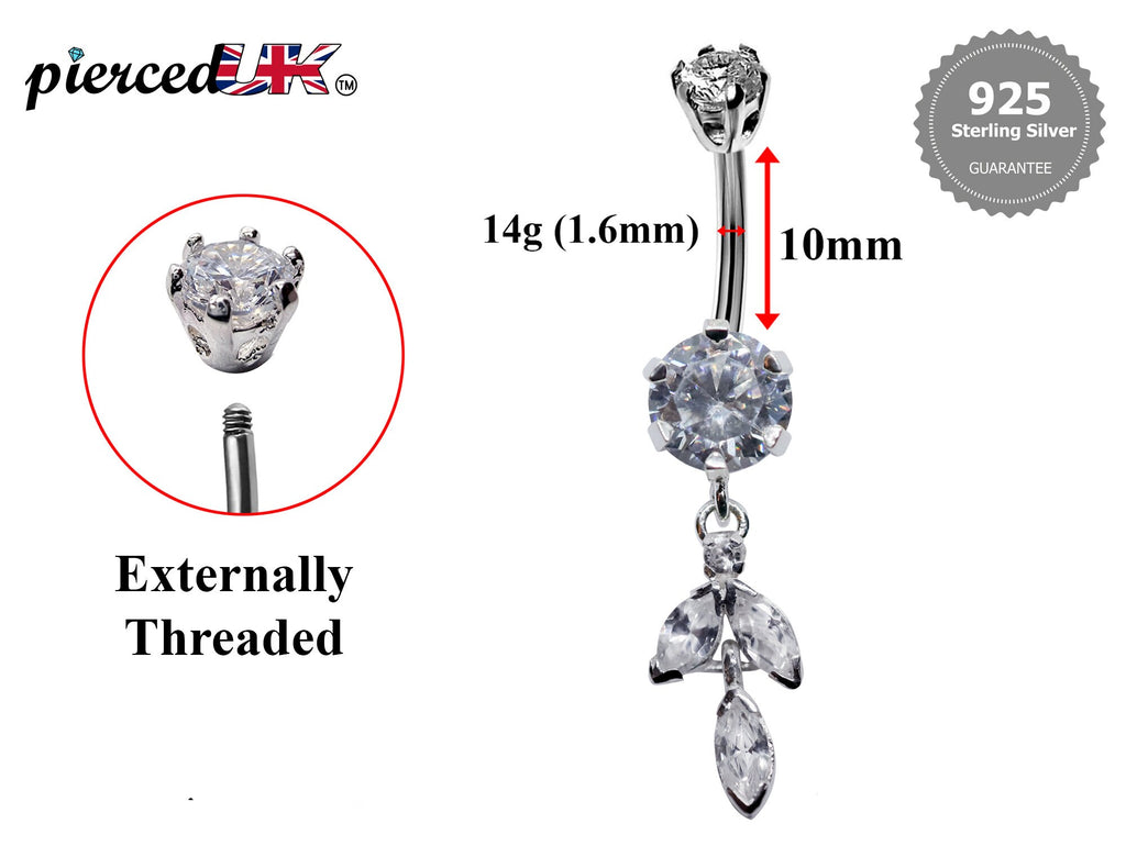 Silver Dangle Belly Button Ring: CZ Crystal Navel Bar 14g