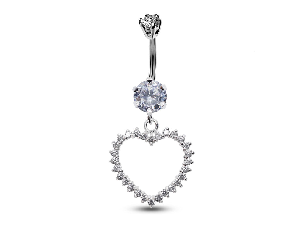 Silver Open Heart Belly Ring: Crystal Dangle Navel Bar (16g)