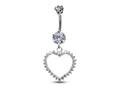 Silver Open Heart Belly Ring: Crystal Dangle Navel Bar (16g)