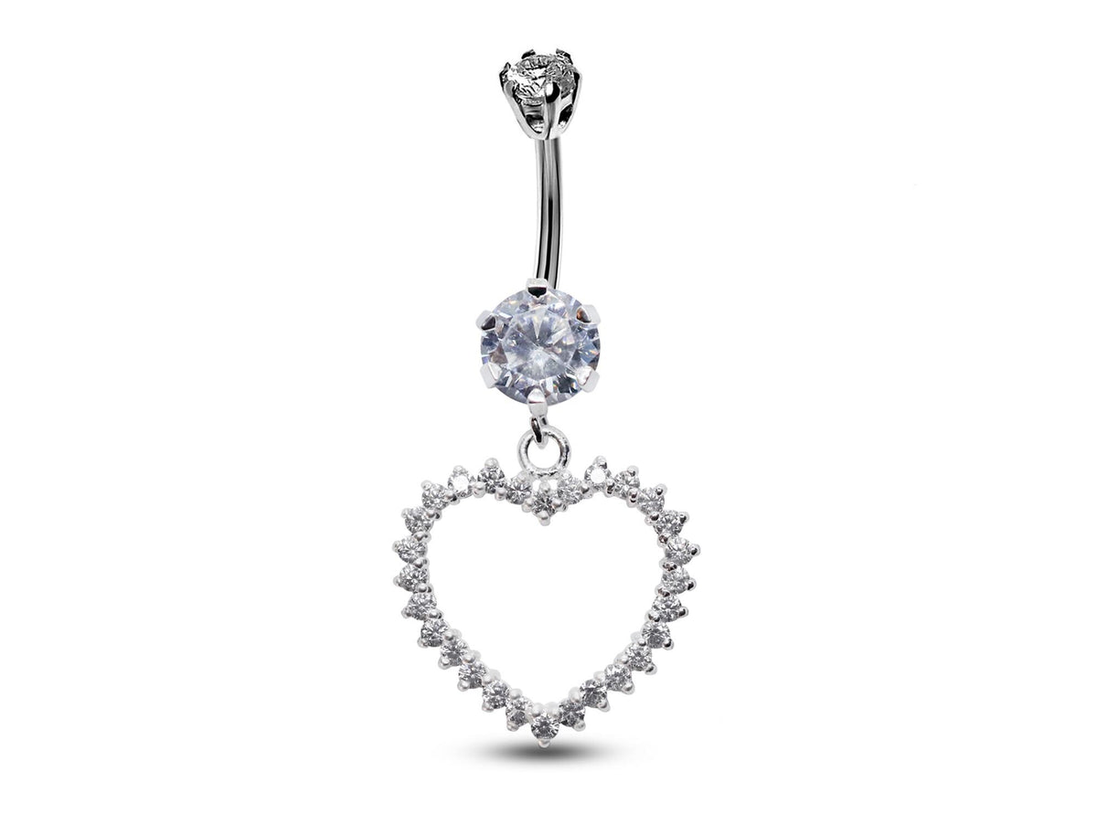 Silver Open Heart Belly Ring: Crystal Dangle Navel Bar (16g)