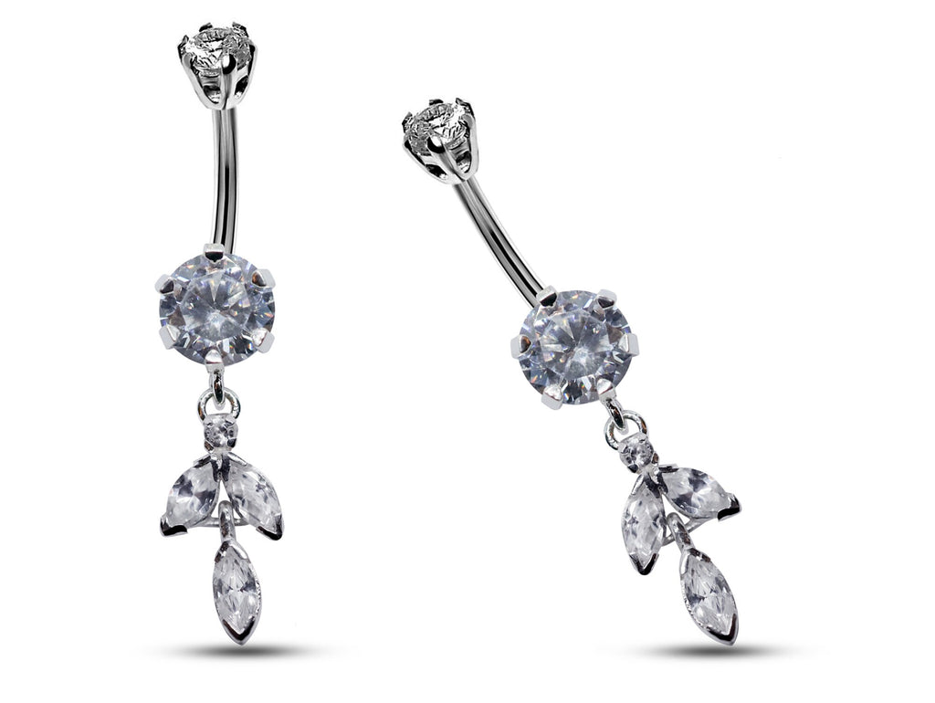 Silver Dangle Belly Button Ring: CZ Crystal Navel Bar 14g