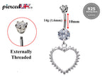 Silver Open Heart Belly Ring: Crystal Dangle Navel Bar (16g)