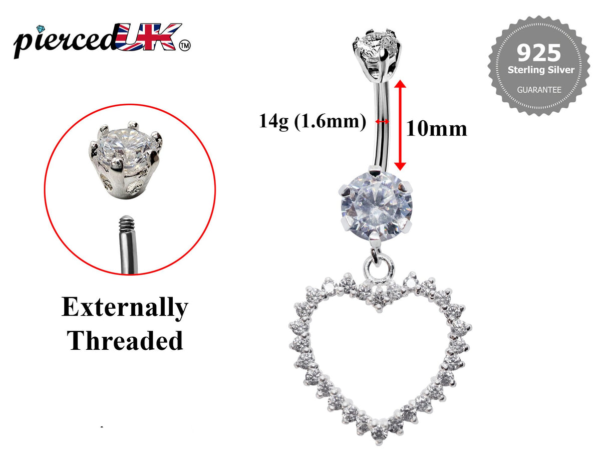 Silver Open Heart Belly Ring: Crystal Dangle Navel Bar (16g)