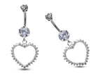 Silver Open Heart Belly Ring: Crystal Dangle Navel Bar (16g)