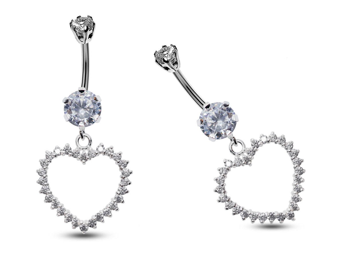 Silver Open Heart Belly Ring: Crystal Dangle Navel Bar (16g)