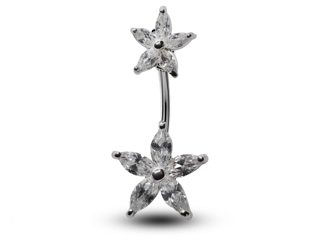Silver Double Flower Belly Ring: Surgical Steel Navel Piercing