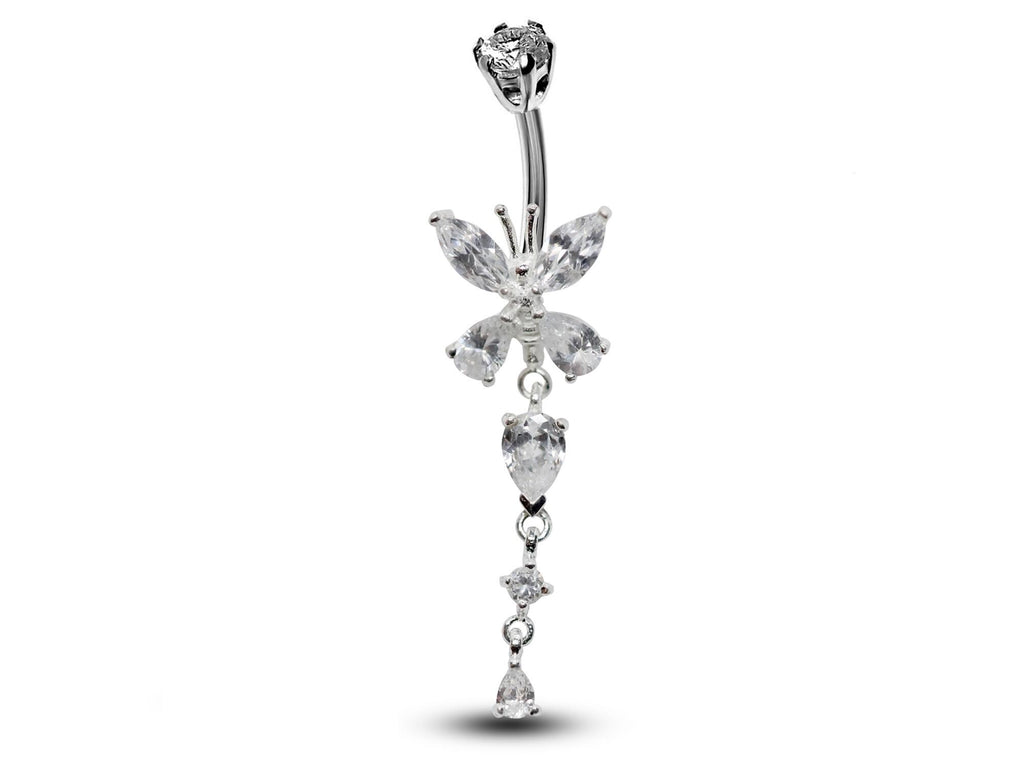 Silver Butterfly Dangle Belly Ring: CZ Crystal Navel Bar 14g