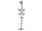 Silver Butterfly Dangle Belly Ring: CZ Crystal Navel Bar 14g