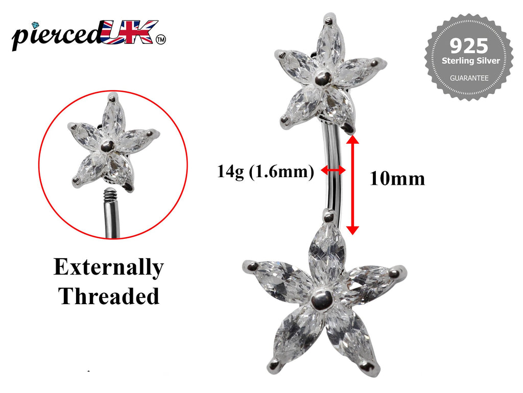 Silver Double Flower Belly Ring: Surgical Steel Navel Piercing