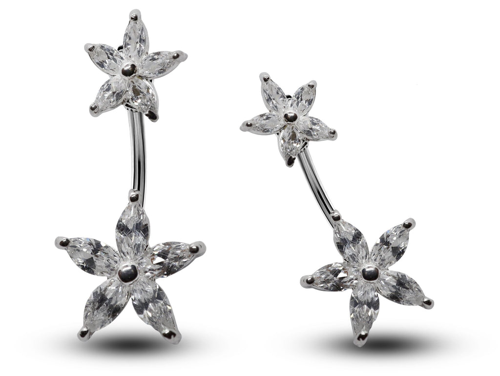 Silver Double Flower Belly Ring: Surgical Steel Navel Piercing