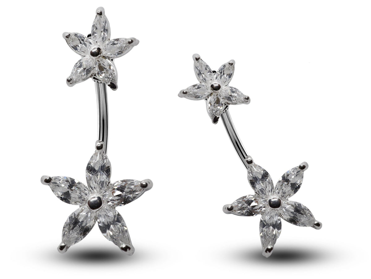 Silver Double Flower Belly Ring: Surgical Steel Navel Piercing