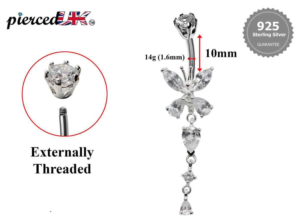Silver Butterfly Dangle Belly Ring: CZ Crystal Navel Bar 14g