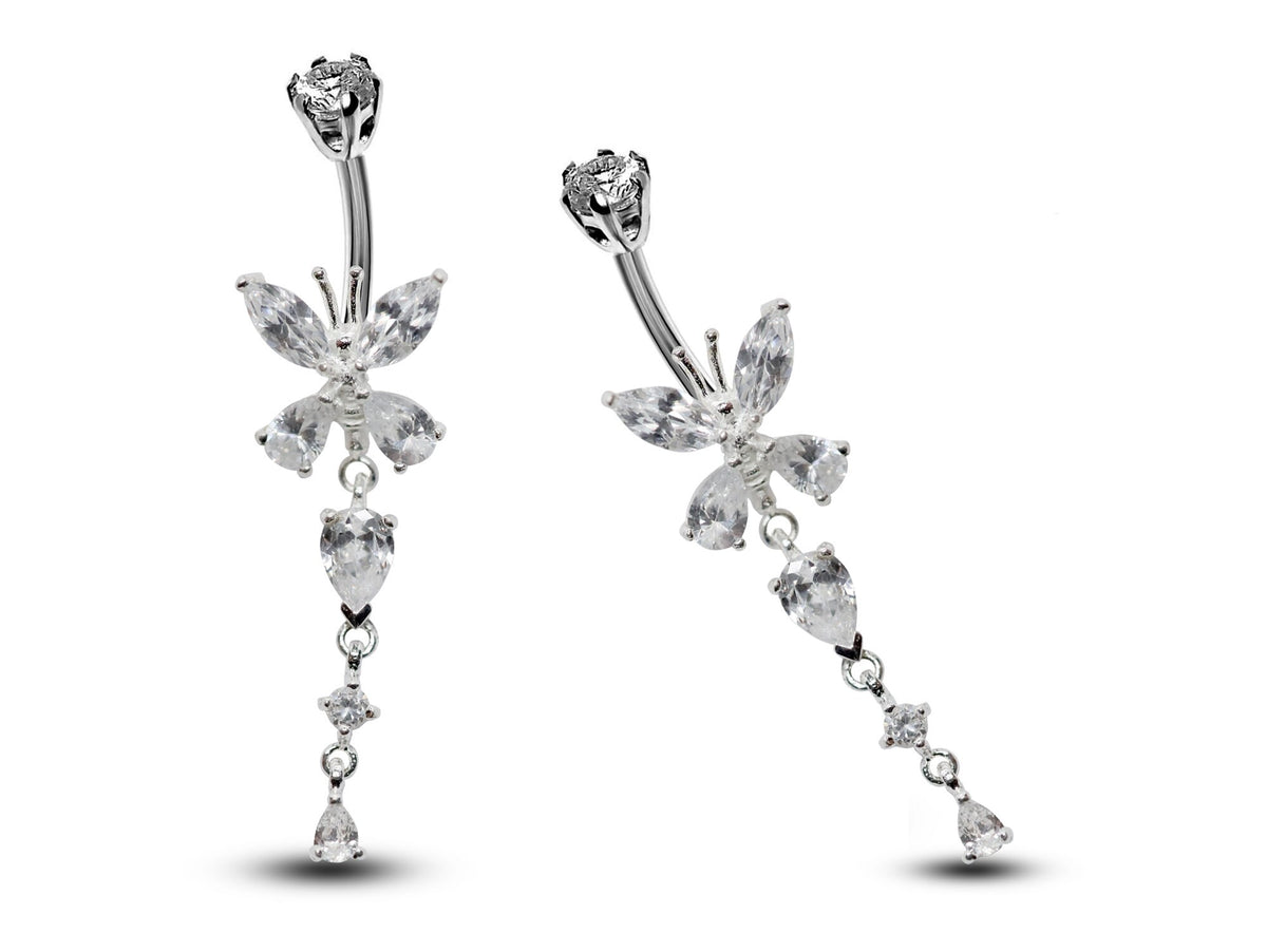 Silver Butterfly Dangle Belly Ring: CZ Crystal Navel Bar 14g