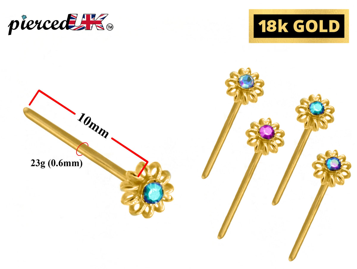 18K Gold Nose Pin - Highest Quality Crystals Hand Set - Nose Stud Piercing for pierced Nose made of Solid Gold