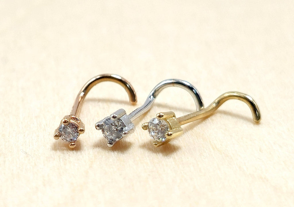 14K Gold Nose Screw Stud: 20G 18G 16G 14G Crystal Nostril Piercing
