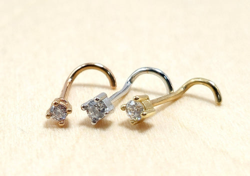 14K Gold Nose Screw Stud: 20G 18G 16G 14G Crystal Nostril Piercing